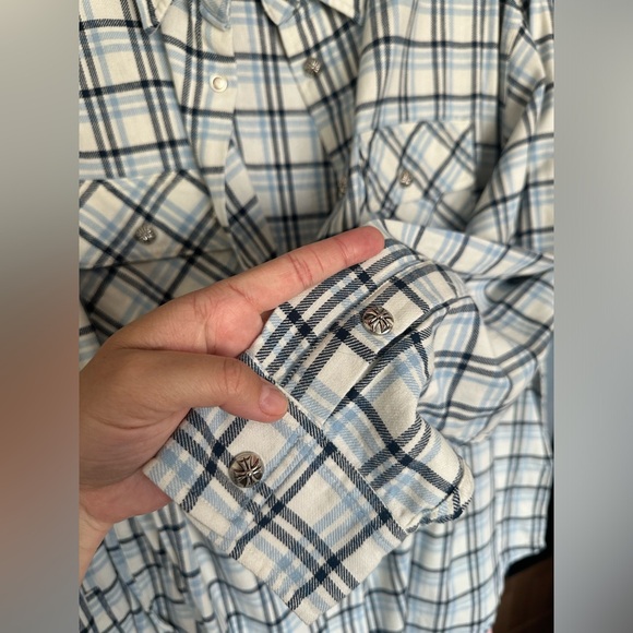 Chrome Hearts Flannel Plaid Shirt Unisex Size Medium Oversized Light Blue Navy - Picture 14 of 16